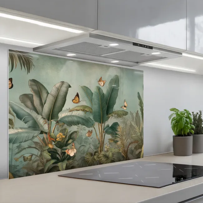 Kitchen Splashback - Tropical foliage - Butterflies - green - Brown