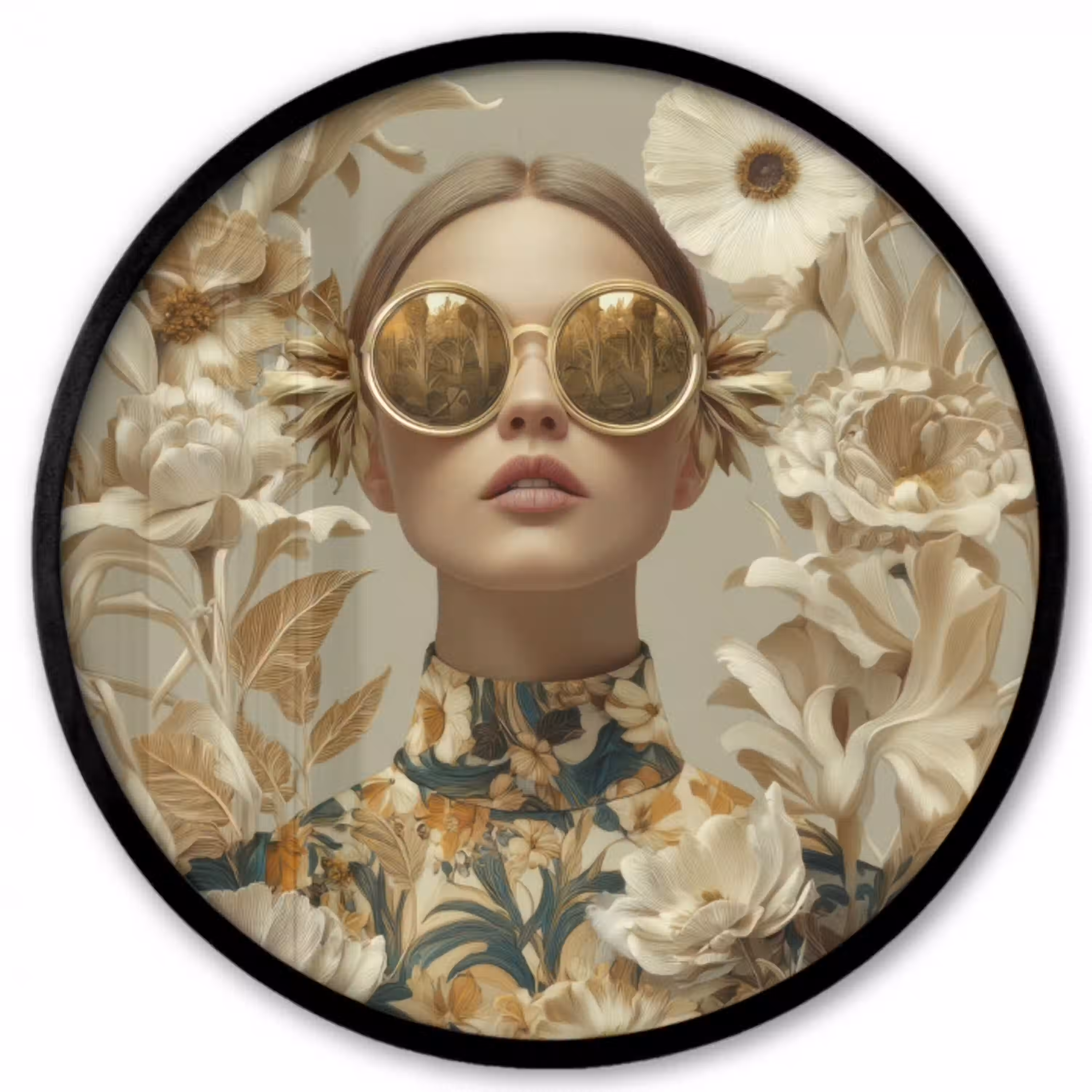 Vrouw - Bloemen - Zonnebril - Wit Fotolijst rond zonder passe partout klein -3d