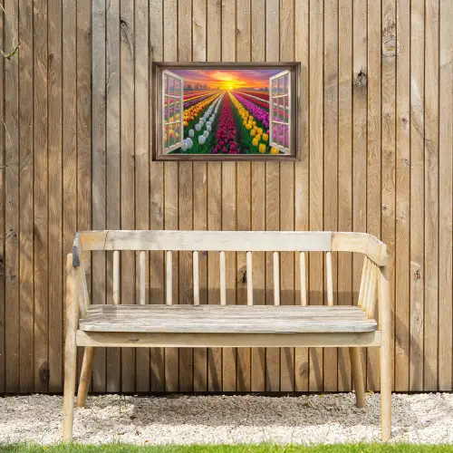 Doorkijk - Bloemen - Tulpen - Kleurrijk - Zonsondergang Tuinposter op houten frame 2 cm dik klein -sfeer4