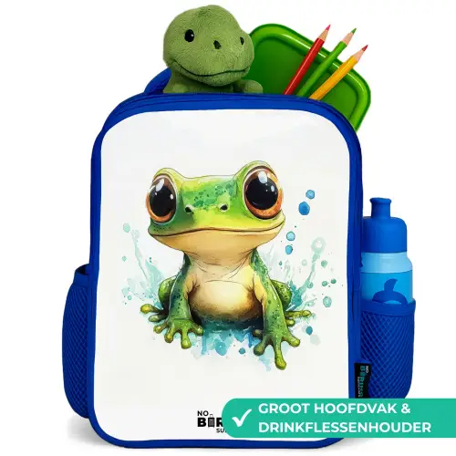 Groene kikker met grote ogen op witte achtergrond Kinderrugzak - Blauw middel -inhoud_NL
