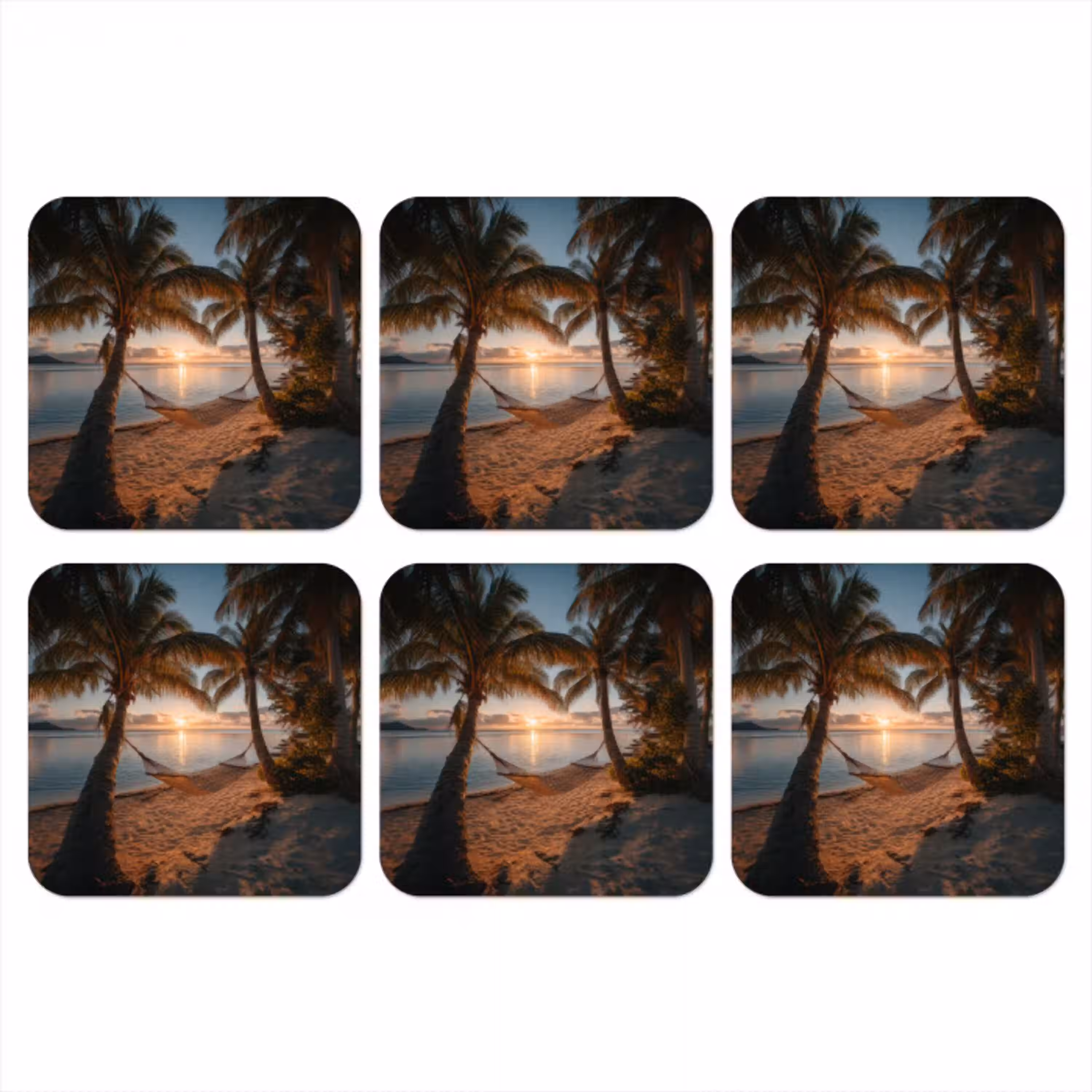 Palmbomen - Hangmat - Strand - Zonsondergang onderzetter kurk middel -3d
