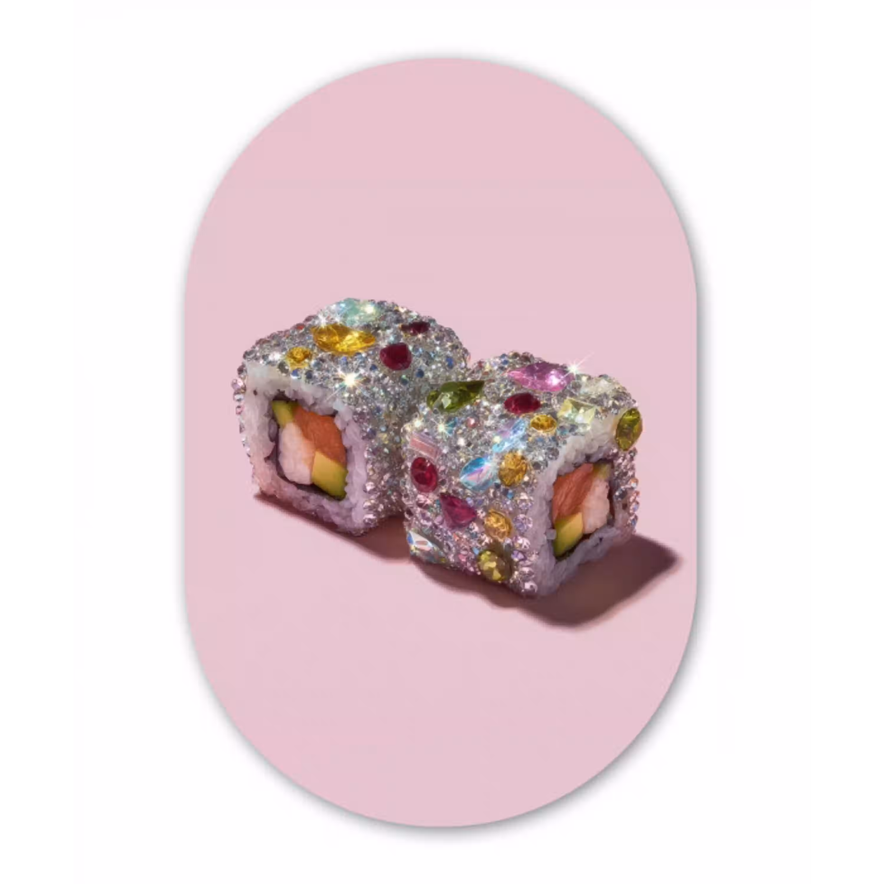 Sushi - Rolletjes - Steentjes - Kleurrijk Wandcirkel Ovaal Aluminium middel -3d