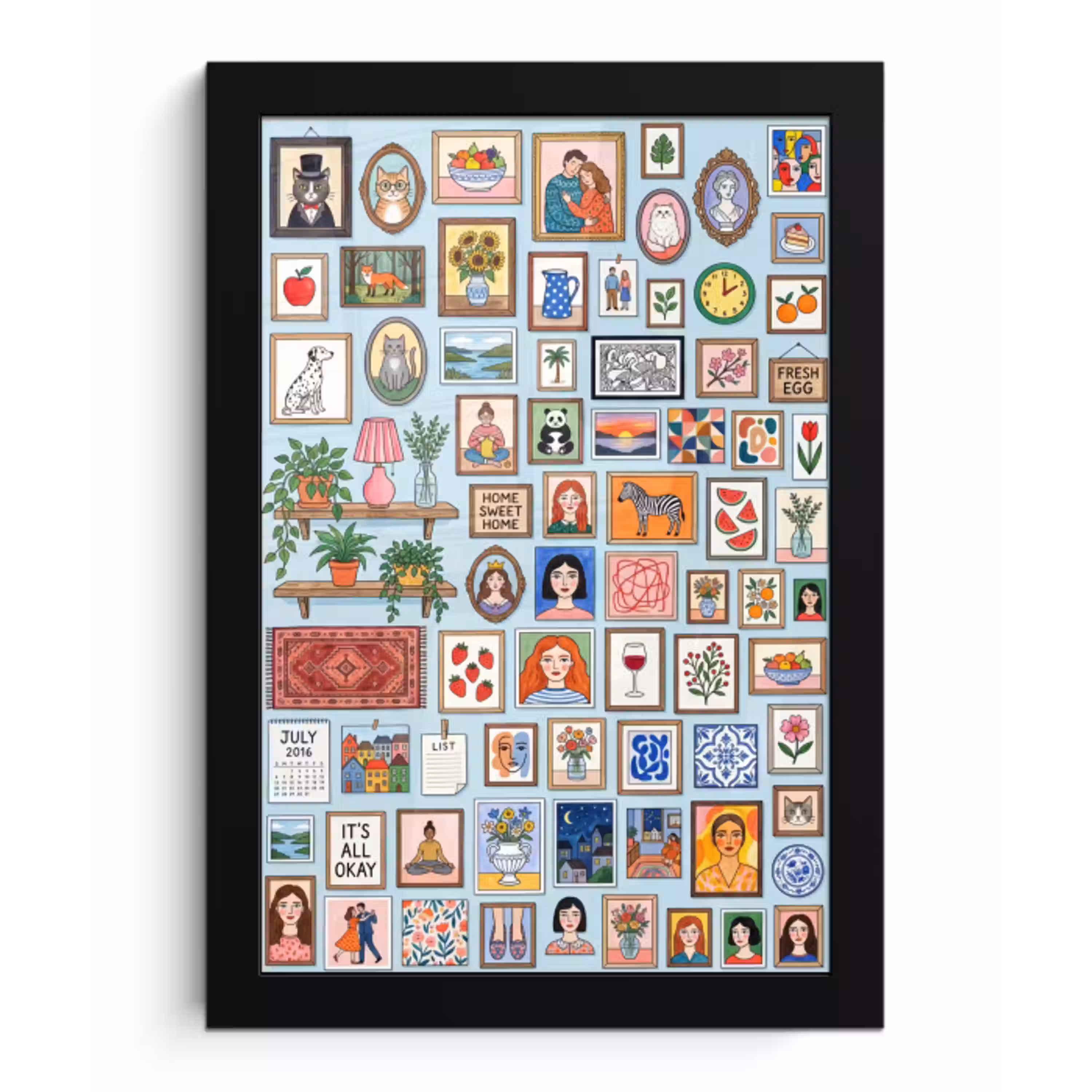 Wanddecoratie - Collectie - Huis - Illustratief - Kleurrijk fotolijst zwart zonder passe partout klein -3d