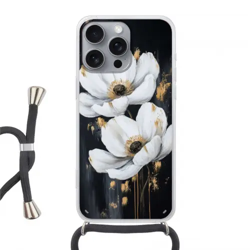 Bloemen - Wit - Abstract Hoesje iPhone 16 Pro Max met koord klein -3d