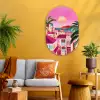 Stad - Roze - Palmbomen Wandcirkel Ovaal Glas middel -sfeer4
