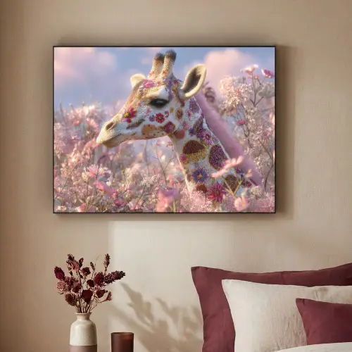 Giraffe - Bloemen - Roze Textielframe zwart klein -sfeer1