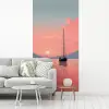 Zeilboot - Roze zee - Zonsondergang - Bergen fotobehang vinyl groot -woonkamer
