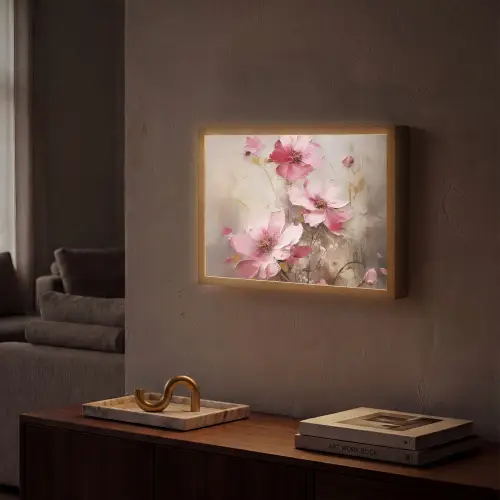 Bloemen - Roze - Kunst - Watercolor Light Box met batterij (Wandlamp) middel -sfeer1