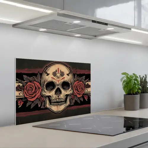 Schedel - Rozen - Gotisch keuken achterwand spatscherm klein -3d_schuin