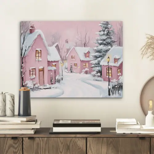 Kerstdorp - Roze - Winter - Sneeuw - Huizen PET vilt klein -sfeer1