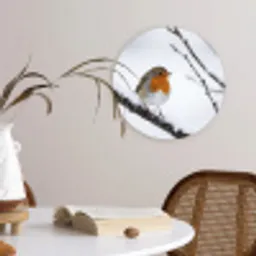 Roodborstje - Tak - Sneeuw - Winter - Levendig Wandcirkel kunststof plaat 5mm dik klein -sfeer4