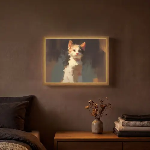 Kat - Geschilderd - Artistiek - Wit Light Box met batterij (Wandlamp) middel -sfeer4
