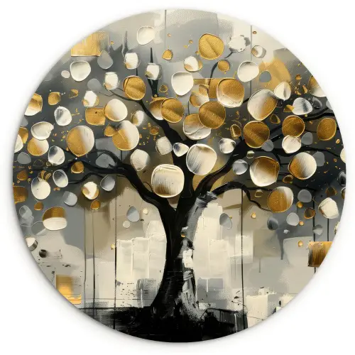Boom - Abstract - Beige - Goud - Zwart Wandcirkel kunststof plaat 5mm dik klein -3d