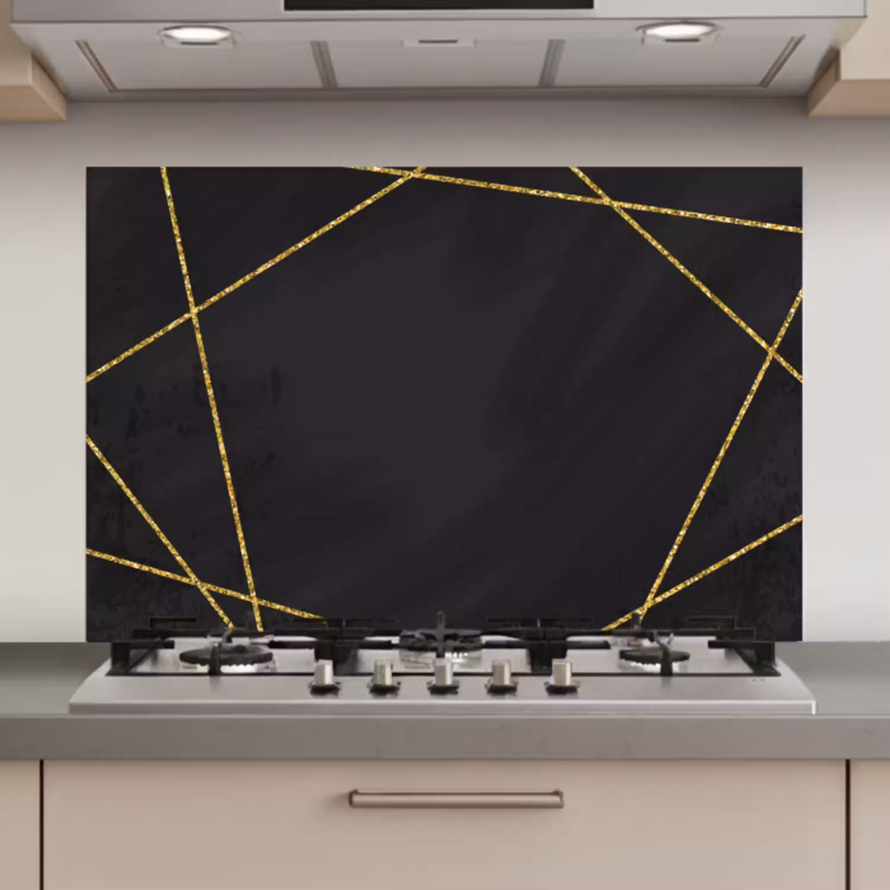 Geometrisch patroon van gouden lijnen op een zwarte achtergrond keuken achterwand spatscherm klein -3d_website