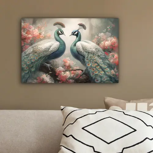 Pauwen - Pauwenveren - Vogels - Bloemen - Natuur canvas 2cm klein -sfeer3