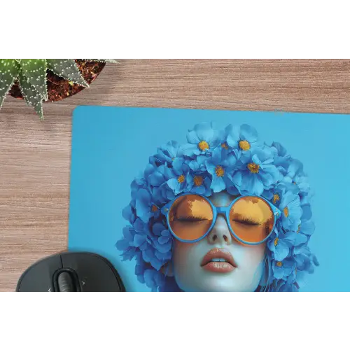 Vrouw - Bloem - Blauw - Modern - Bril - Portret muismat rubber klein -closeup