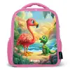 Flamingo en dinosaurus op strand bij ondergaande zon Kinderrugzak - Roze middel -3d