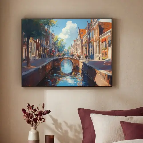 Stad - Gracht - Zon - Fietsen Textielframe zwart klein -sfeer1