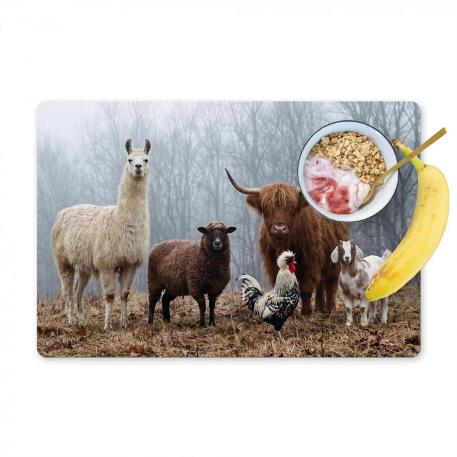 Boerderijdieren - Groep - Mist - Natuur - Rustiek Placemat vinyl groot -zzzproduct_Kitchenyeah-website