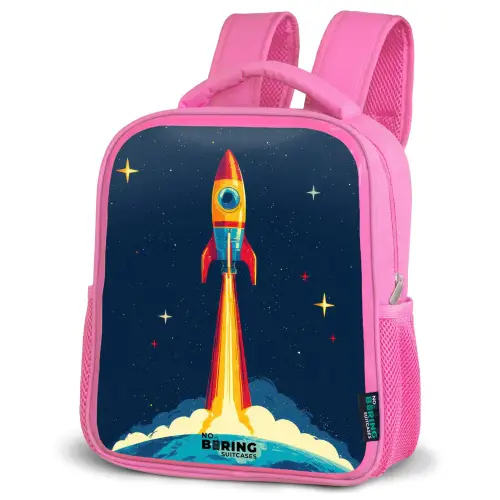 Planeet - Raket - Sterren - Donkerblauw Kinderrugzak - Roze middel -schuin