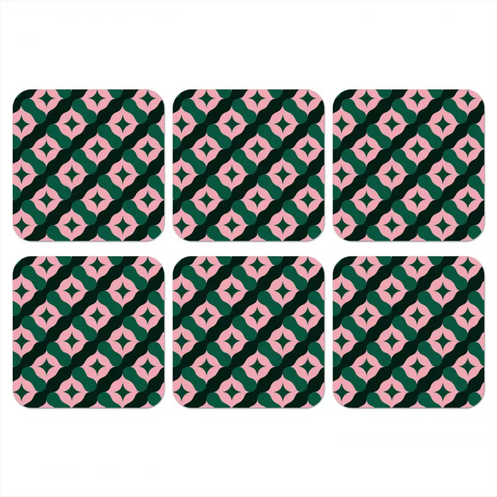 Groen - Roze - Retro - Sterren onderzetter kurk middel 366 -3d