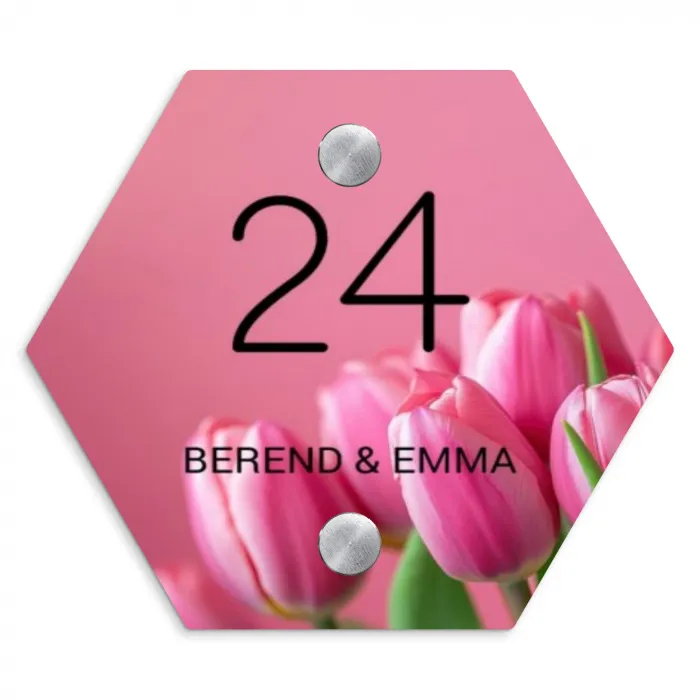 Roze tulpen - Klassiek Naambord Hexagon klein -3d
