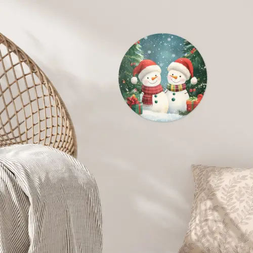 Sneeuwpop - Kerstsneeuw - Groen - Rood Wandcirkel behangsticker klein -sfeer4