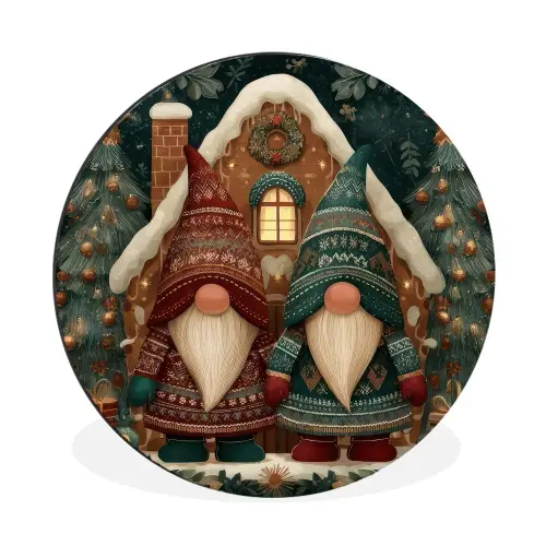 Kerst - Gnomen - Peperkoekhuisje - Rood - Groen Wandcirkel aluminium klein -3d