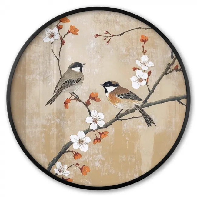 Ronde fotolijst - Oiseaux - Branche fleurie - Orange