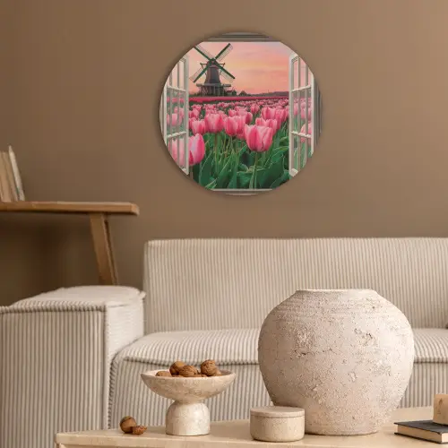 Doorkijk - Tulpen - Bloemen - Molen - Raam Akoestische PET Vilt - Rond klein -sfeer1