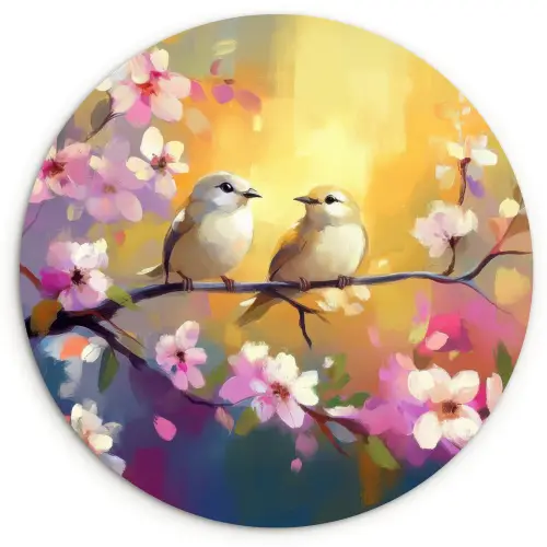 Vogels - Bloemen - Roze Wandcirkel kunststof plaat 5mm dik klein -3d