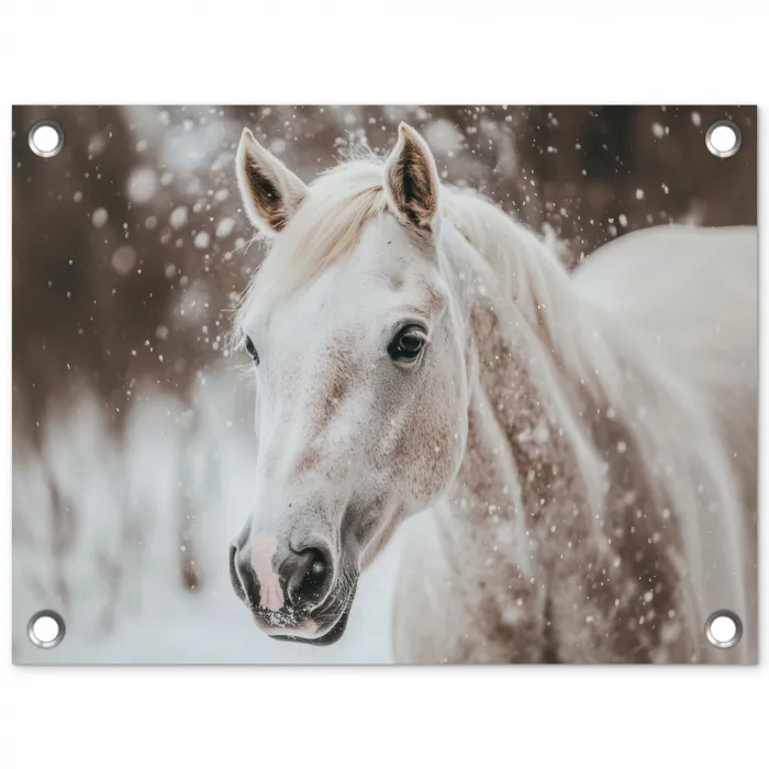 Paard - Wit - Winter - Natuur - Sneeuw - Dieren tuinposter los doek klein -3d