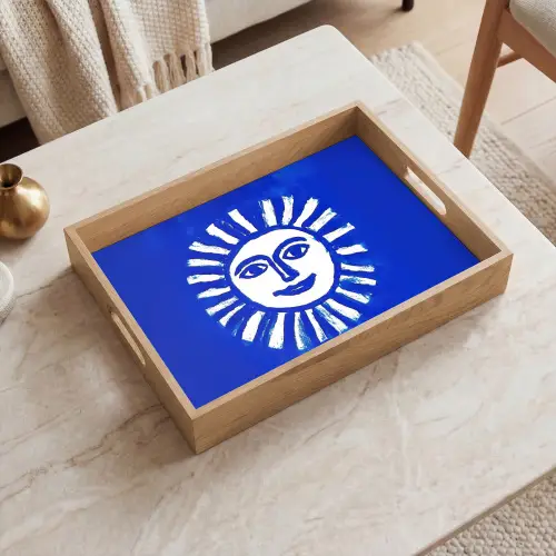 Zon - Gezicht - Penseelstructuur - Blauw Dienblad Rechthoek middel -sfeer1