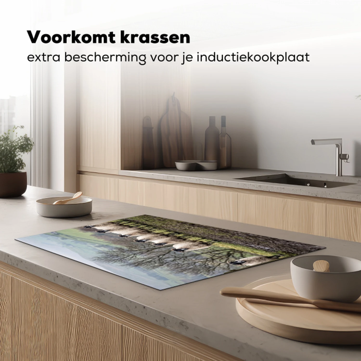 Schapen - Rij - Weide - Dieren - Platteland Inductie beschermer vinyl 3mm klein -sfeer1