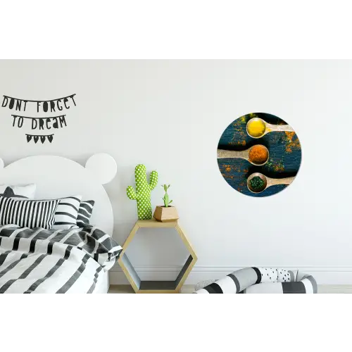 Specerijen - Lepel - Kruiden - Bruin - Geel - Groen Wandcirkel aluminium klein -kinderkamer