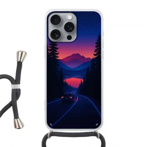 Auto - Donkere dennenbomen - Zonsondergang Hoesje iPhone 16 Pro Max met koord klein -3d