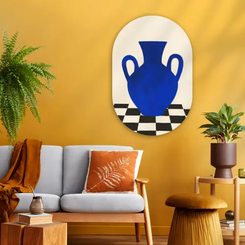 Vaas - Blauw - Geblokt - Modern Wandcirkel Ovaal Glas middel -sfeer4