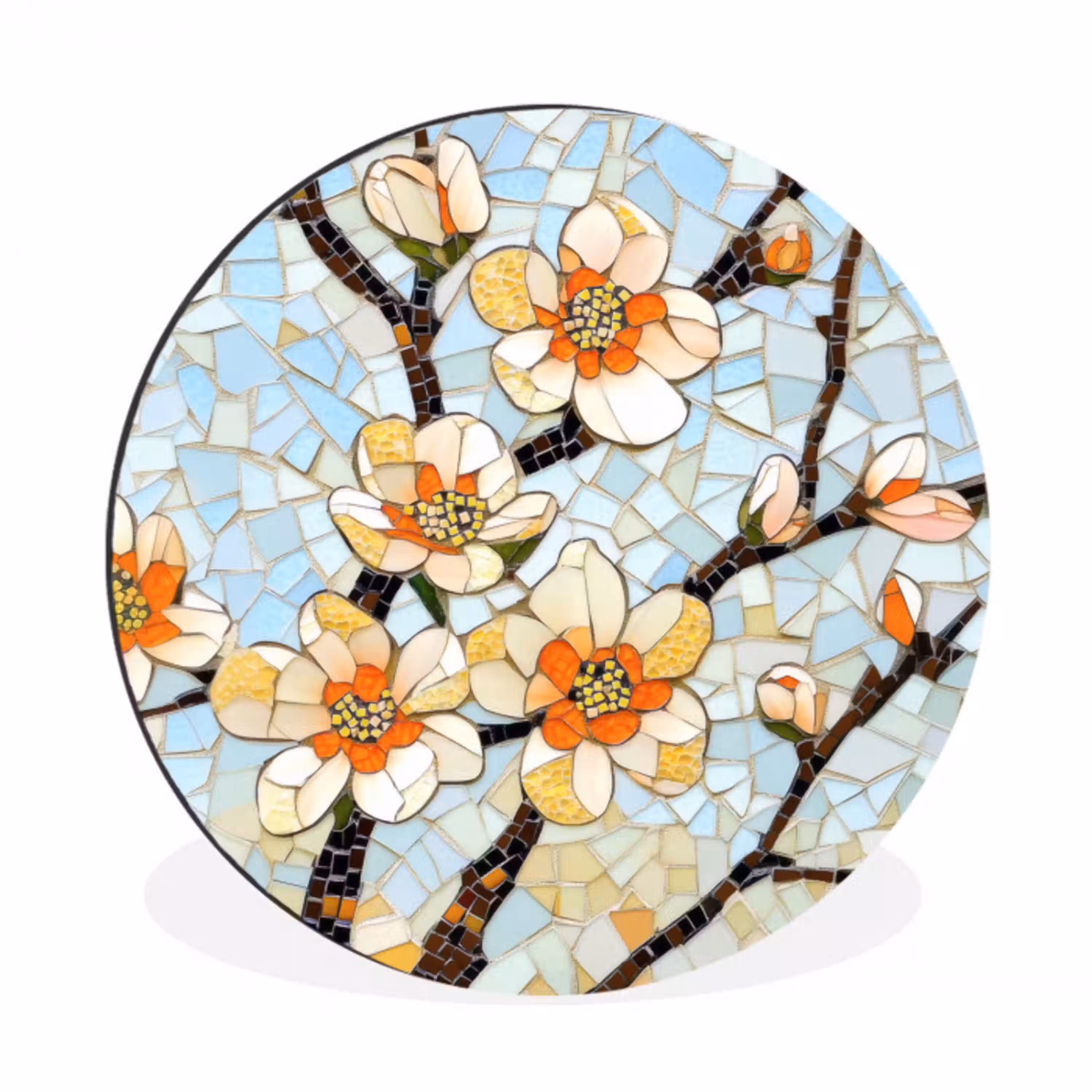 Bloesems - Wit - Mozaïek - Tak Wandcirkel aluminium klein -3d