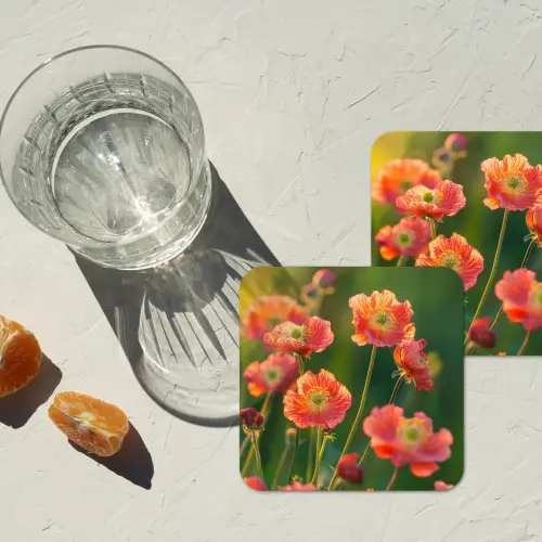 Bloemenveld - Zonnestralen - Oranje onderzetter kurk middel -sfeer4