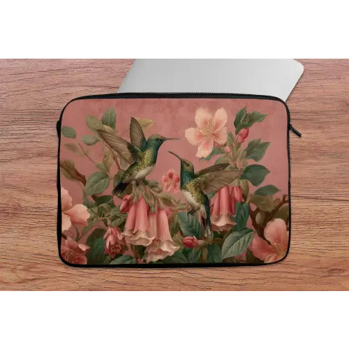 Kolibries - Bloemen - Groen - Roze laptophoes neopreen klein -tafel
