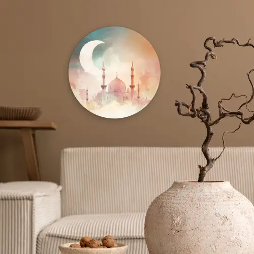 Moskee - Kleurrijke wolken - Arabisch - Ramadan - Islamitische Wandcirkel kunststof plaat 5mm dik klein -sfeer1