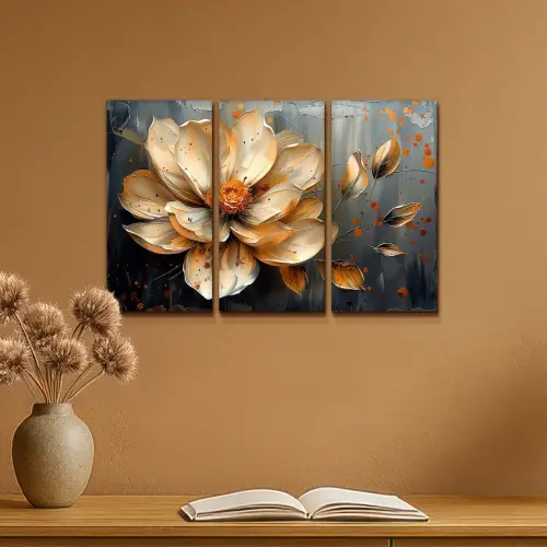 Bloem - Goud - Abstract - Verf Canvas - Meerluiken 3 luik klein -sfeer5