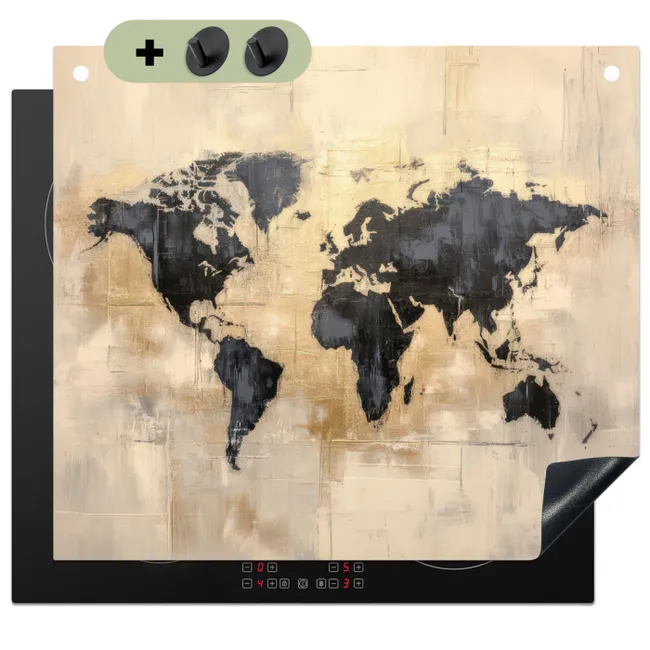 Inductiebeschermer & spatscherm (2in1) - Wereldkaart - Goud - Zwart - Abstract