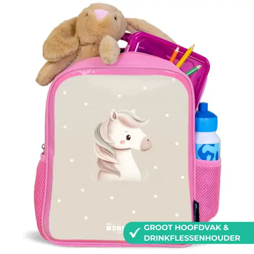 Pony omringd door stippen in beige kleuren Kinderrugzak - Roze middel -inhoud_NL