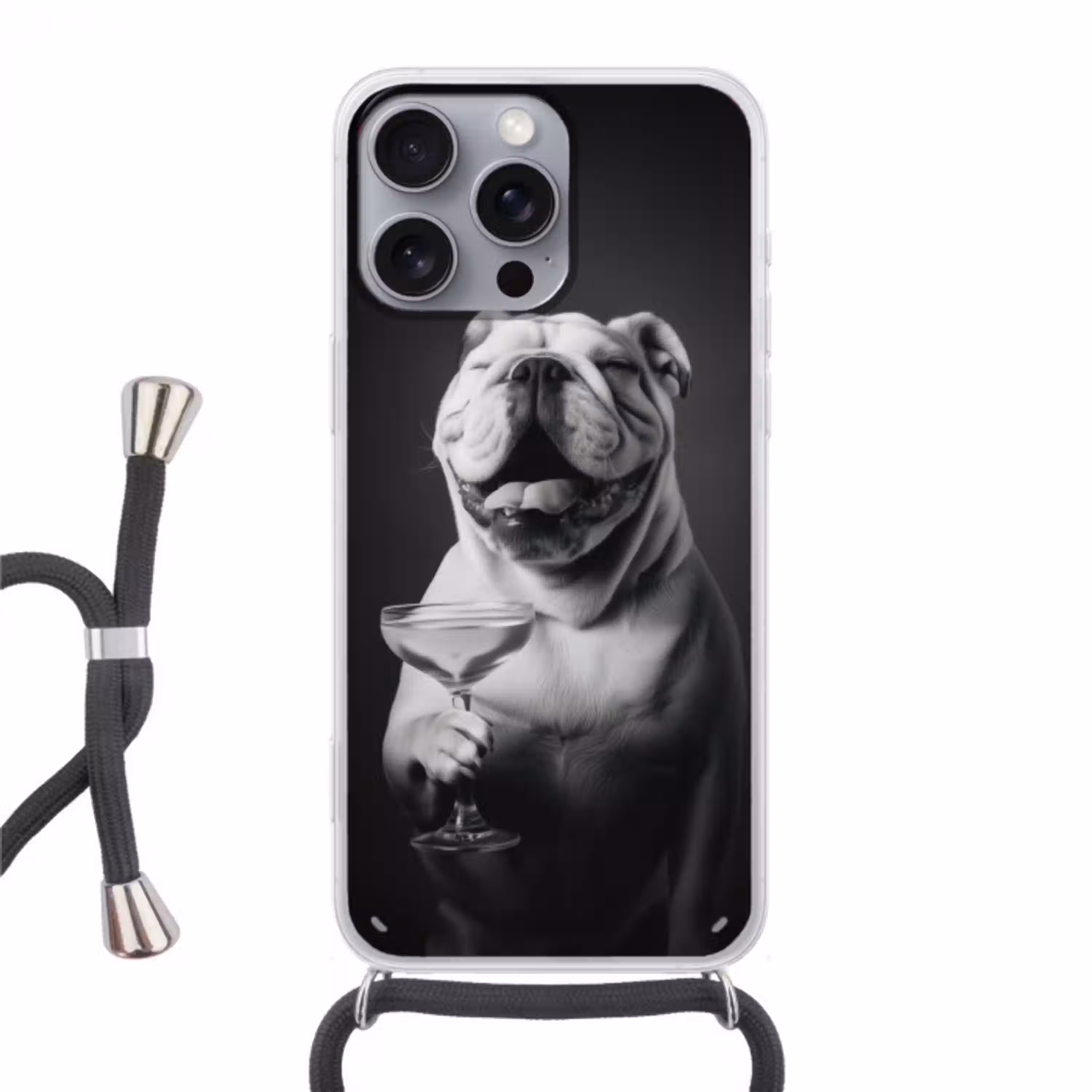 Buldog - Hond - Glas Hoesje iPhone 16 Pro Max met koord klein -3d