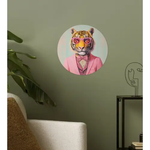 Tijger - Strik - Jasje - Roze Wandcirkel behangsticker klein -sfeer2