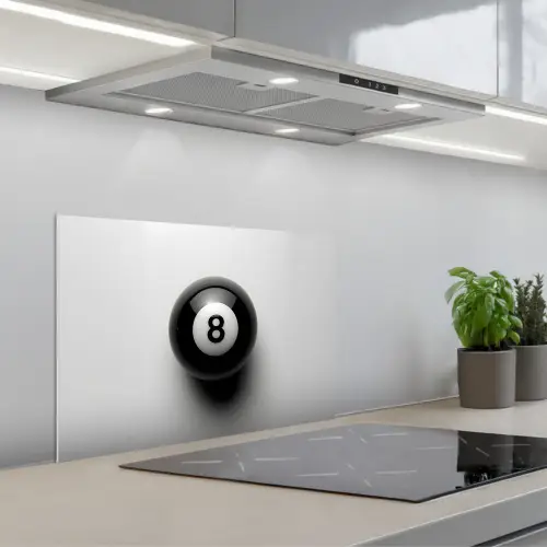 Biljartbal - Getal - Acht - Wit keuken achterwand spatscherm klein -3d_schuin