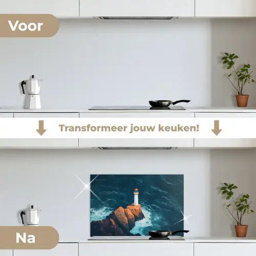 Vuurtoren - Rots - Zee - Golven keuken achterwand spatscherm klein -voor_na_NL