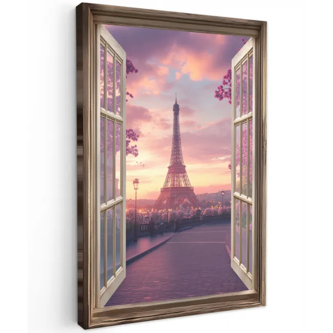 Doorkijk - Parijs - Eiffeltoren - Roze - Kersenbloesem Tuinposter op houten frame 2 cm dik klein -3d