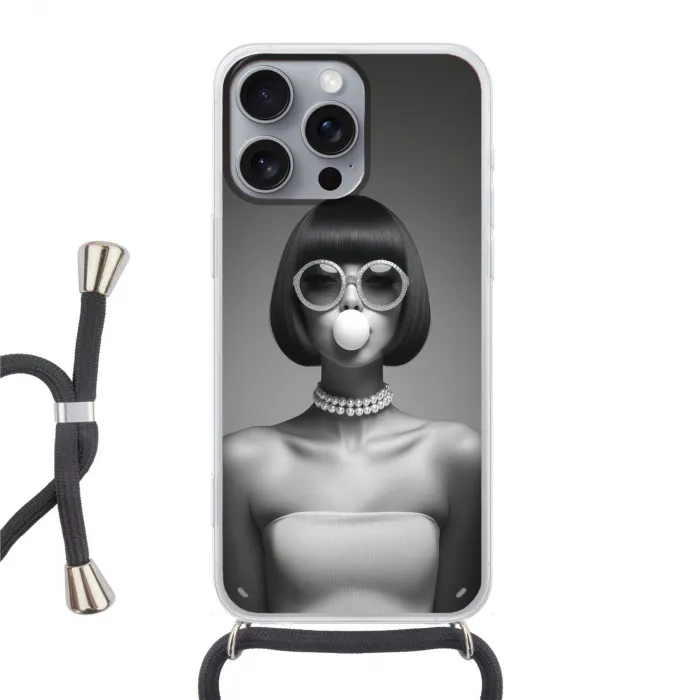 Vrouw - Zwart Wit - Ketting - Zonnebril Hoesje iPhone 16 Pro Max met koord klein -3d